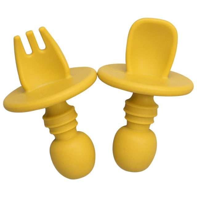 Feedie Fork and Spoon Silicone Set for a Baby, Yellow