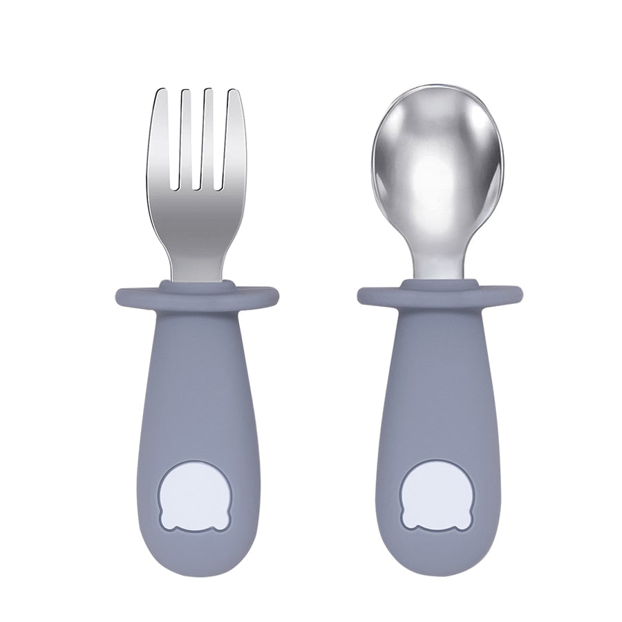 Stainless steel toddler fork and spoon set with silicone handles