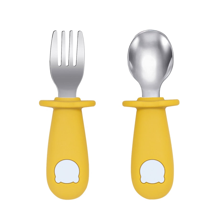 Stainless steel toddler fork and spoon set with silicone handles